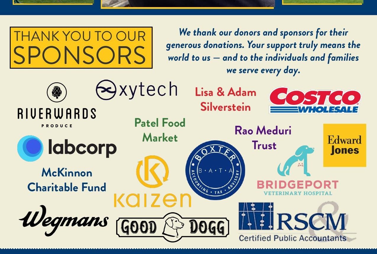 Silken Twine Charity sponsors: Riverwards Produce, Oxytech, Lisa & Adam Silverstein, Costco Wholesale, Labcorp, Patel Food Market, Rao Meduri Trust, Edward Jones, McKinnon Charitable Fund, Boxter, Kaizen, Bridgeport Veterinary Hospital, Wegmans, Good Dogg, and RSCM Certified Public Accountants.